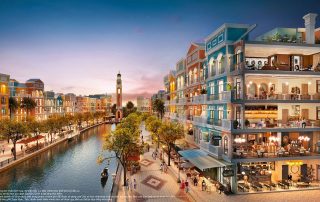 Phối cảnh shophouse nằm bên dòng sông nội khu Mega Grand World Hà Nội.