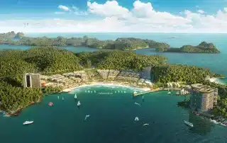 Khung cảnh tổng quan Xanh Island Cát Bà với kiến trúc hiện đại, tiện ích xanh và bãi tắm đẹp.