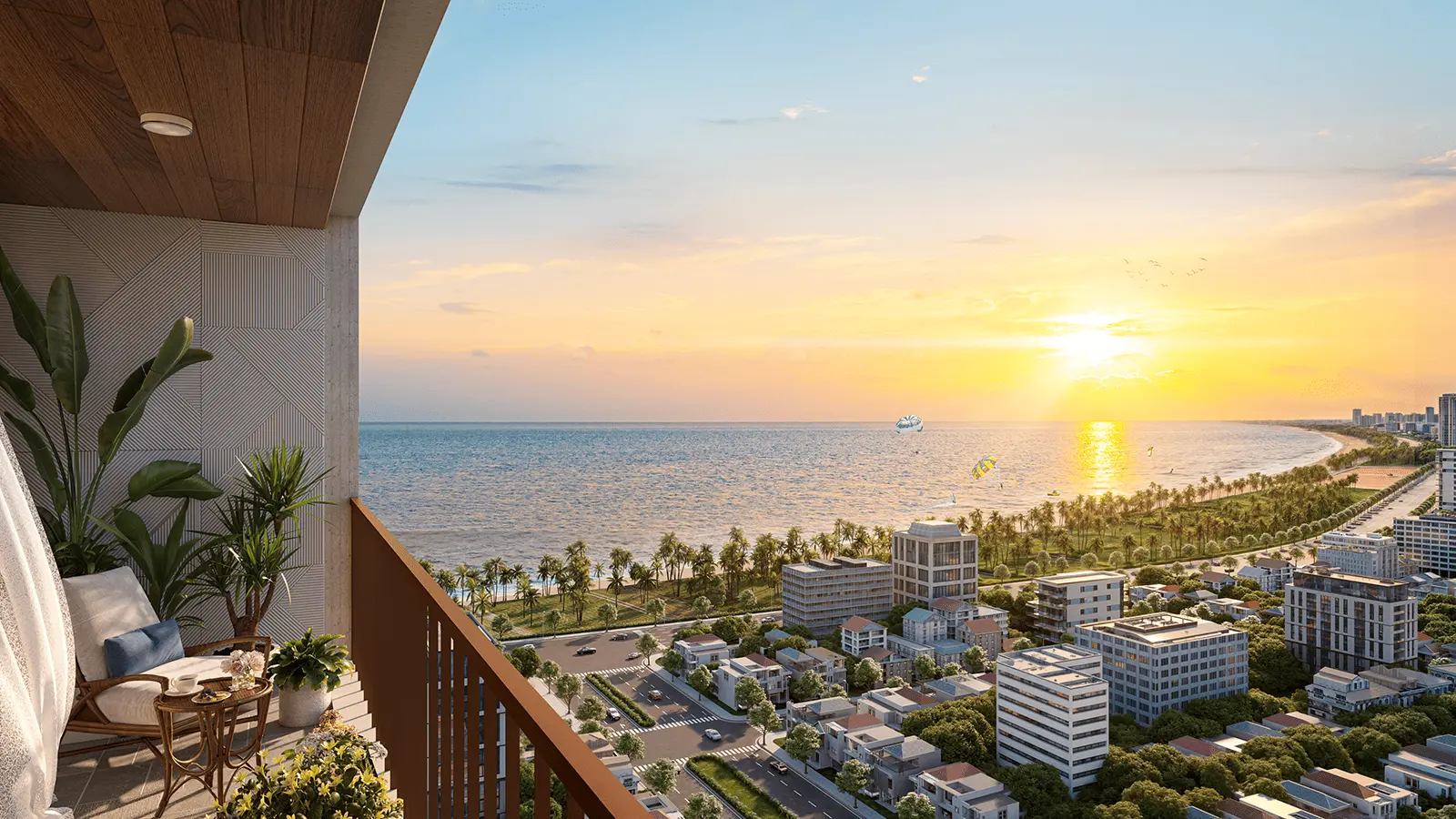 Tầm nhìn từ ban công Sun Costa Residences Đà Nẵng: ngắm biển Mỹ Khê và bình minh tuyệt đẹp.