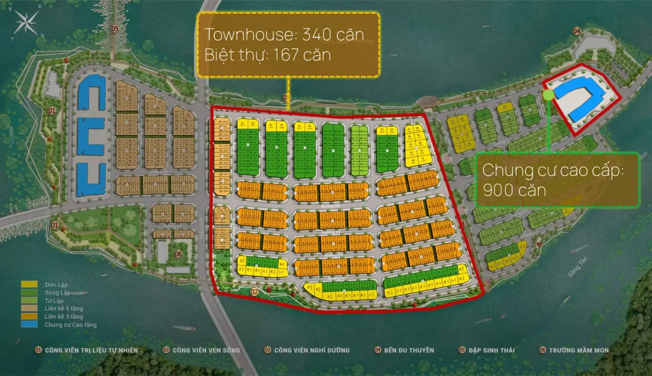 Quy hoạch khu đô thị với 340 căn townhouse, 167 căn biệt thự, và 900 căn chung cư cao cấp.